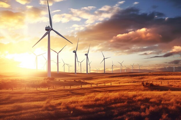 arafed windmolens in een veld met een zonsondergang op de achtergrond generatieve ai