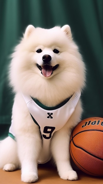 arafed witte hond zit naast een basketbalbal op een tafel generatieve ai