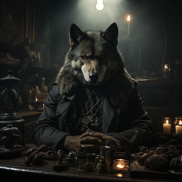 Arafed wolf in a leather jacket sitting at a table with food generative ai