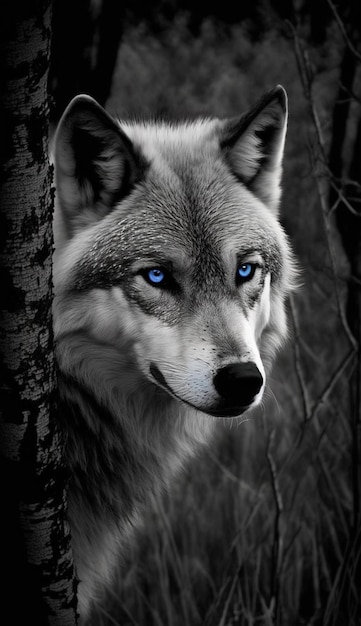 arafed wolf with blue eyes standing in a forest generative ai