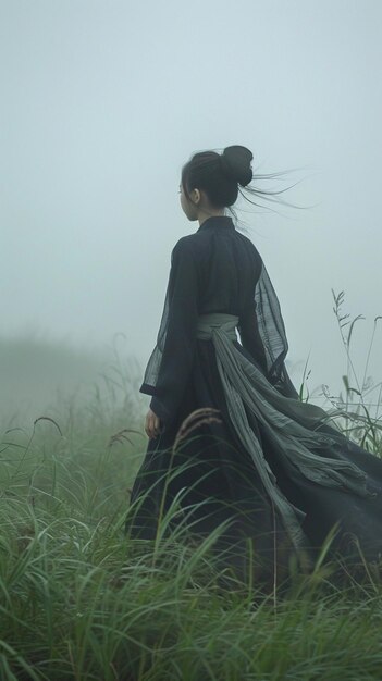 arafed woman in a black dress walking through a field of tall grass generative ai