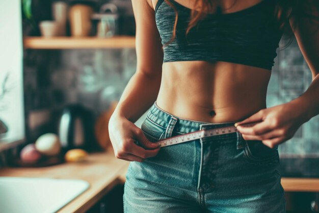 arafed woman in a black top and jeans holding a measuring tape generative ai