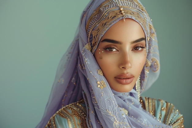 arafed woman in a blue dress with a gold head piece generative ai