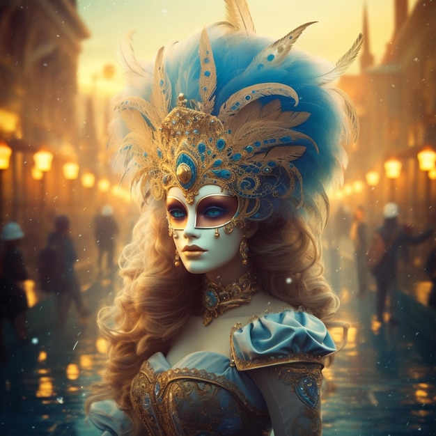 arafed woman in a carnival costume with a blue feathered headpiece generative ai