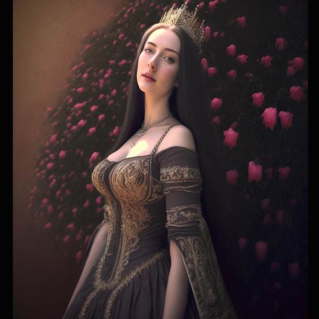 arafed woman in a dress and crown standing in front of a rose bush generative ai