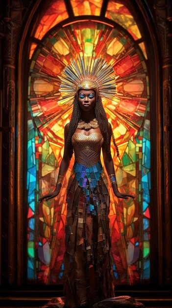 Arafed woman in a dress and headdress standing in front of a stained glass window generative ai