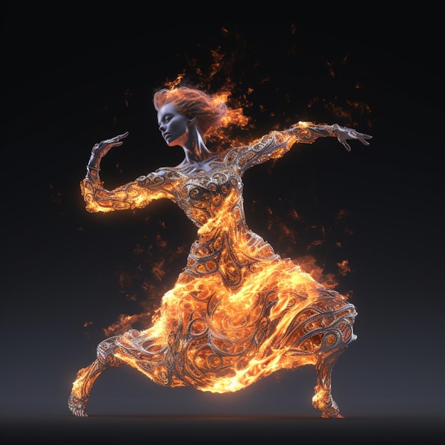 arafed woman in a dress is dancing with fire in the air generative ai