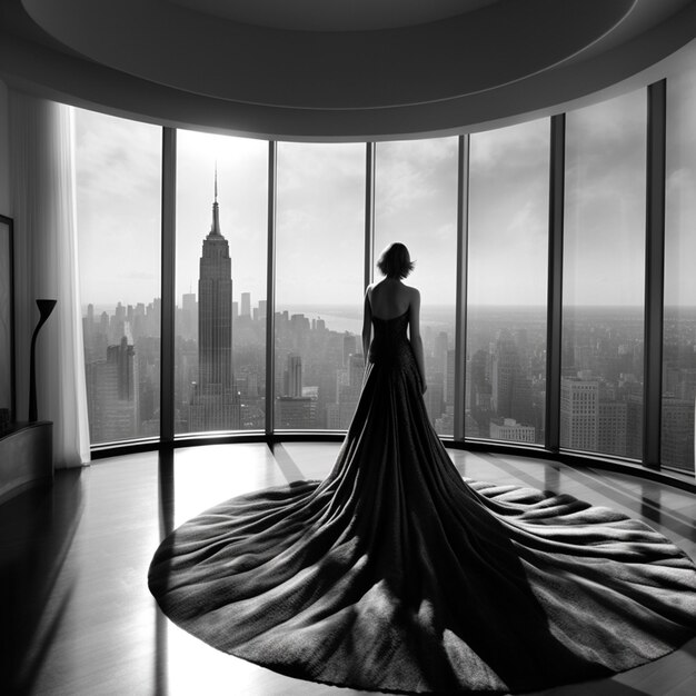 Foto donna araba con un vestito in piedi in una stanza con vista su una città generativa ai