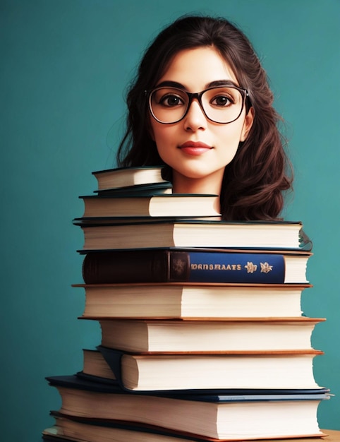 Arafed woman in glasses holding a stack of books