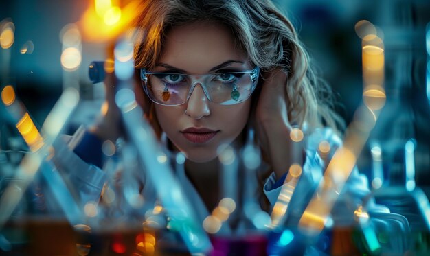 arafed woman in glasses looking at a bunch of test tubes generative ai