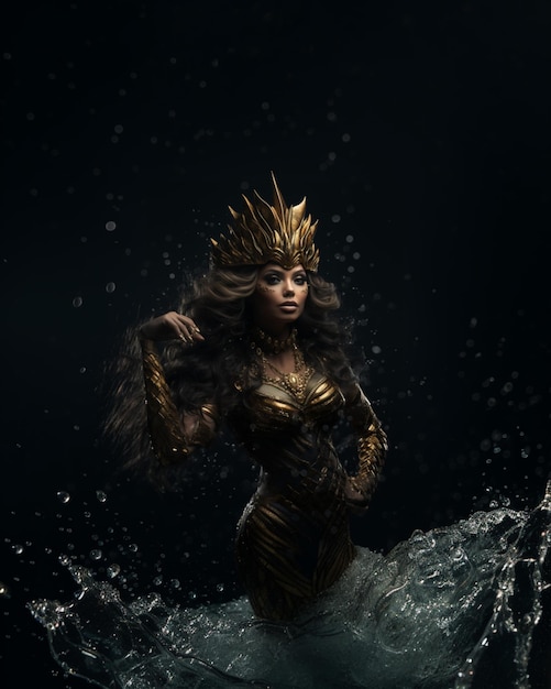 arafed woman in a gold dress and crown in water generative ai