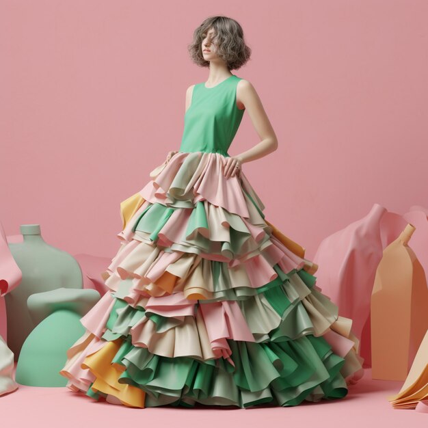 Arafed woman in a green dress standing in front of a pink background generative ai