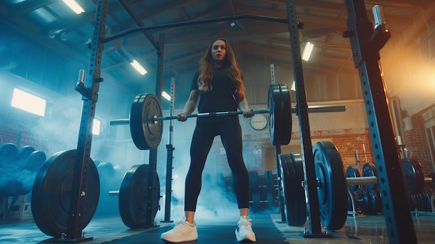 Photo arafed woman in a gym with a barbell in a gym generative ai