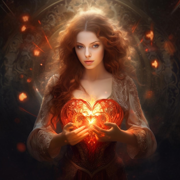 Arafed woman holding a glowing heart in her hands generative ai