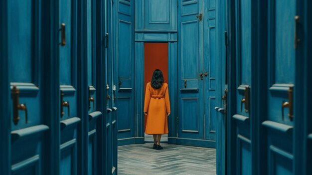 Фото Арафед женщина в желтом пальто, стоящая в синей комнате, генеративный ии