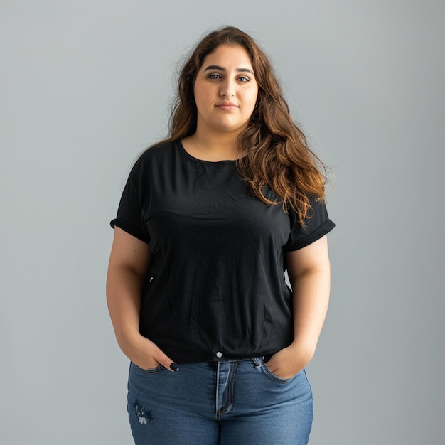 Фото Арафированная женщина в черной рубашке и джинсах позирует для фото.