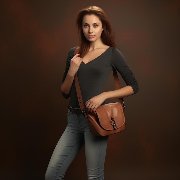 Arafed Woman In Jeans And A Black Top Holding A Brown Purse