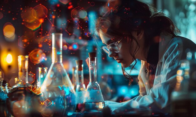 arafed woman in lab coat looking at a glass with liquid generative ai