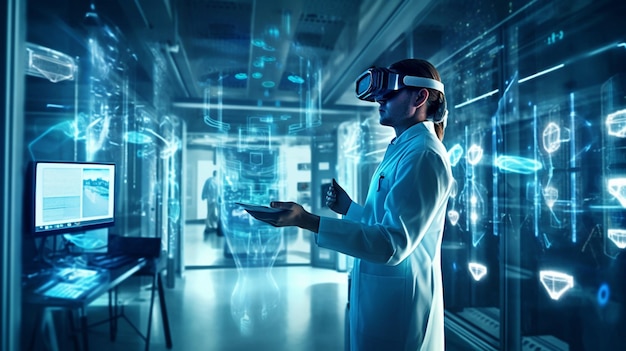 Arafed woman in a lab coat using a virtual reality device generative ai