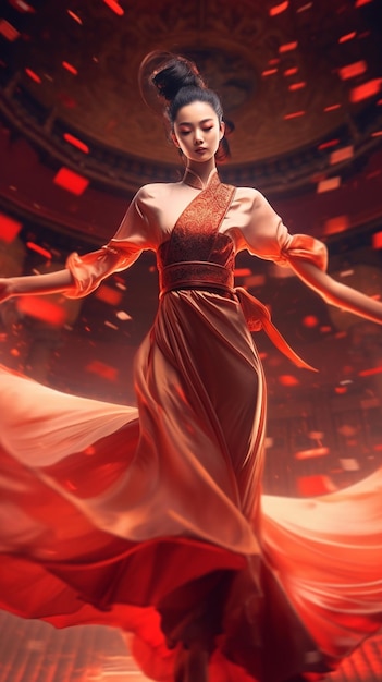 긴 드레스를 입은 Arafed 여성이 빨간색 방 생성 AI에서 춤을 추고 있습니다.