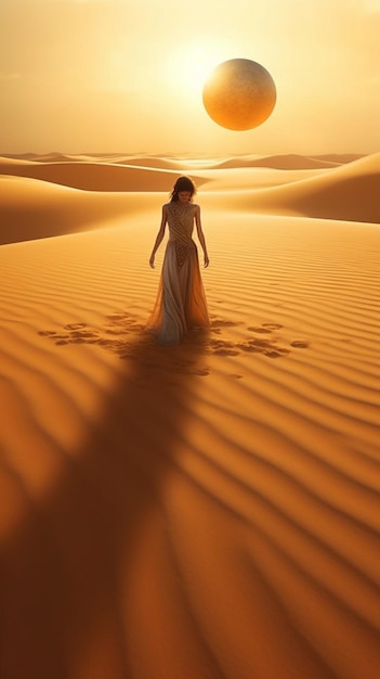 arafed woman in a long dress walking in the desert generative ai