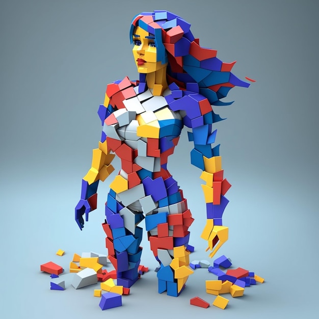 レンガの積み重ねの前で立っているレゴで作られたアラフェッドの女性