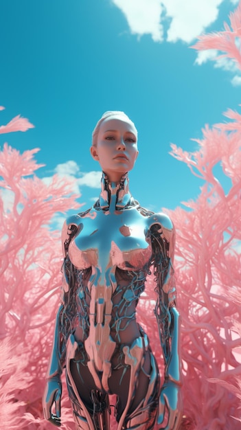 arafed woman in a pink field with a blue sky generative ai