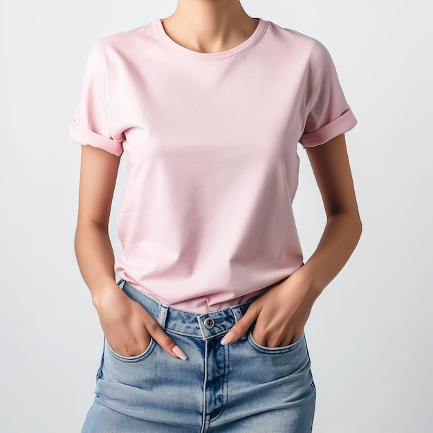 Photo arafed woman in a pink shirt and jeans posing for a picture pink tshirt mockup retail