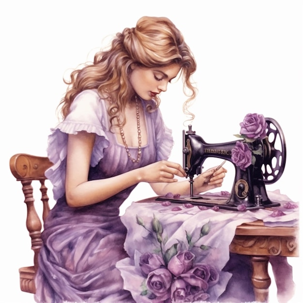 Arafed woman in a purple dress sewing on a sewing machine generative ai