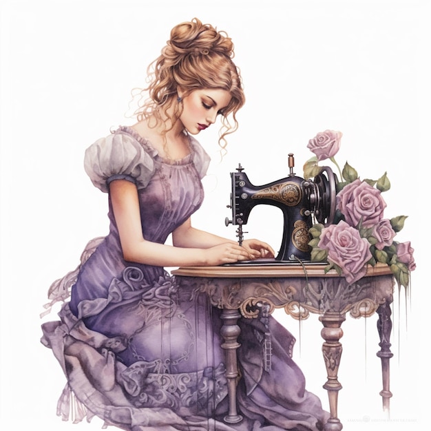 Photo arafed woman in a purple dress sitting at a sewing machine generative ai