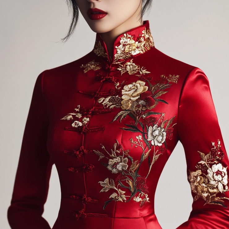 Photo 赤いリップと赤いドレスを着た赤いドレスでアラフェッドの女性