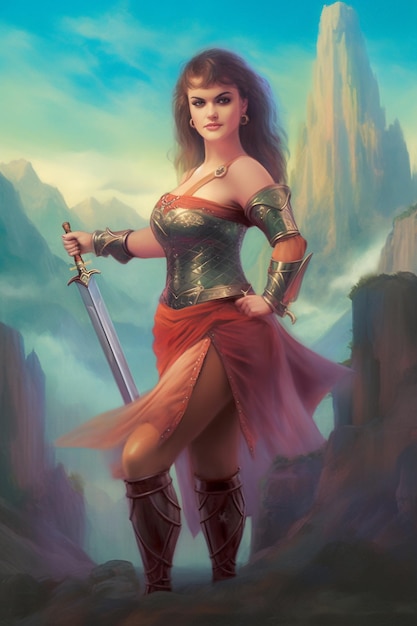 赤いスカートを着た女性が山の風景で剣を握っている