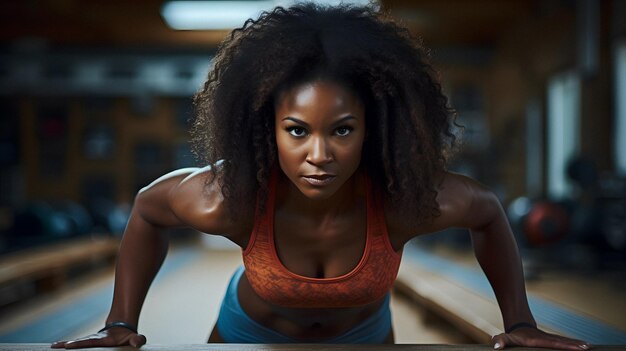 arafed woman in a red top and blue shorts doing push ups Generative AI