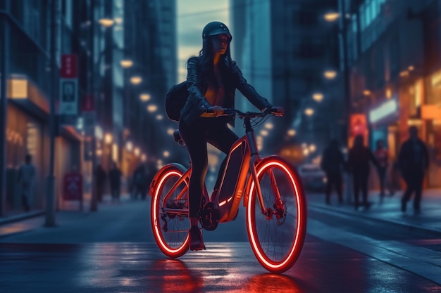 Фото Арафед женщина едет на велосипеде с красным светом на переднем колесе с генеративным искусственным интеллектом