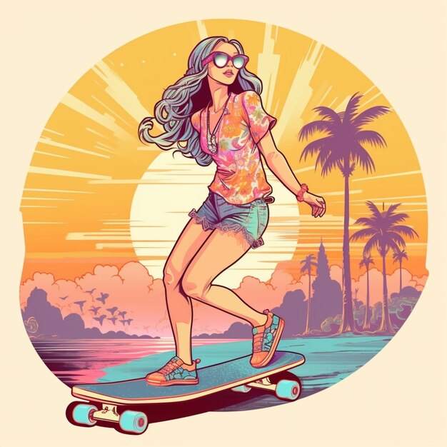 arafed woman riding a skateboard on a beach at sunset generative ai