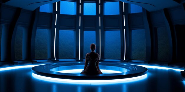 Arafed woman sitting in a futuristic room with a blue light generative ai