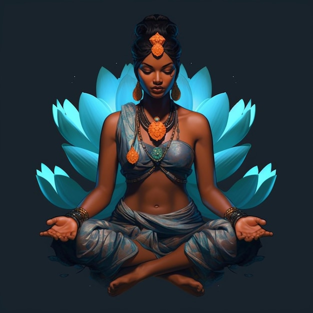 arafed woman sitting in lotus position with blue flower in background generative ai