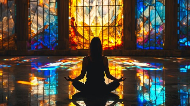 Foto donna araba seduta in posizione di meditazione davanti a una vetrata colorata ai generativa