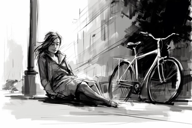 arafed woman sitting on the sidewalk next to a bicycle generative ai