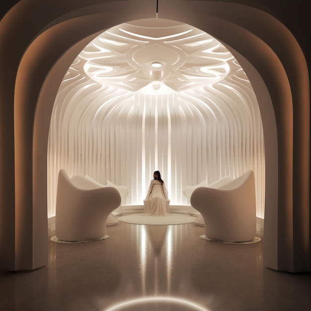 Arafed woman sitting in a white chair in a room with a circular light generative ai