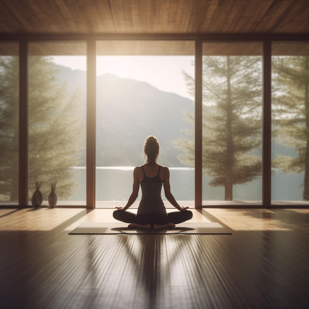 Arafed woman sitting in a yoga position in front of a window generative ai