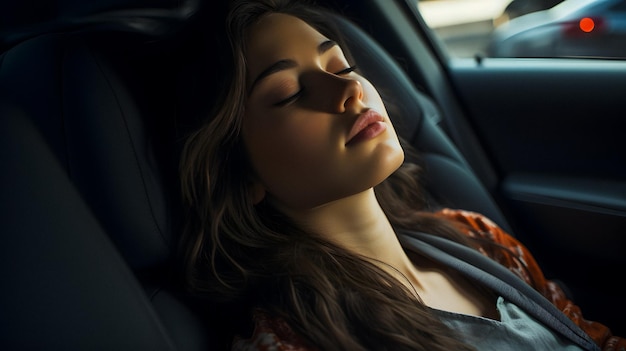 閉じた目で車の中で眠っているアラフェッドの女性ジェネレーティブAI