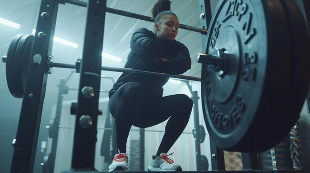 Photo arafed woman squats in a gym with a barbell generative ai