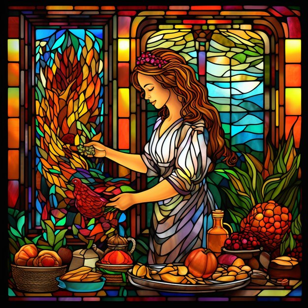 Arafed woman in a stained glass window arranging fruit generative ai