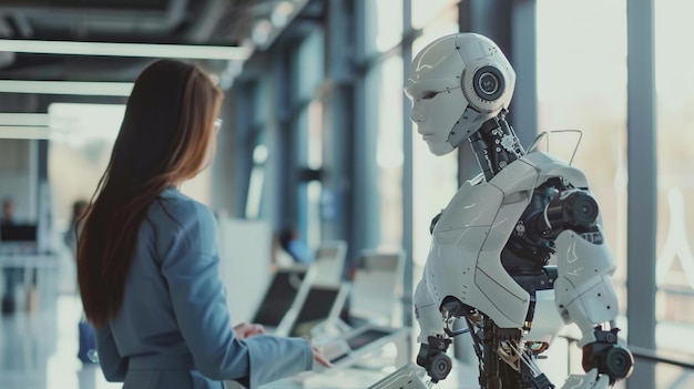 arafed woman standing in front of a robot in a building generative ai