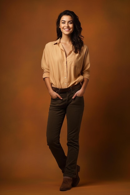 Arafed Woman In A Tan Shirt And Brown Pants Posing For A Picture