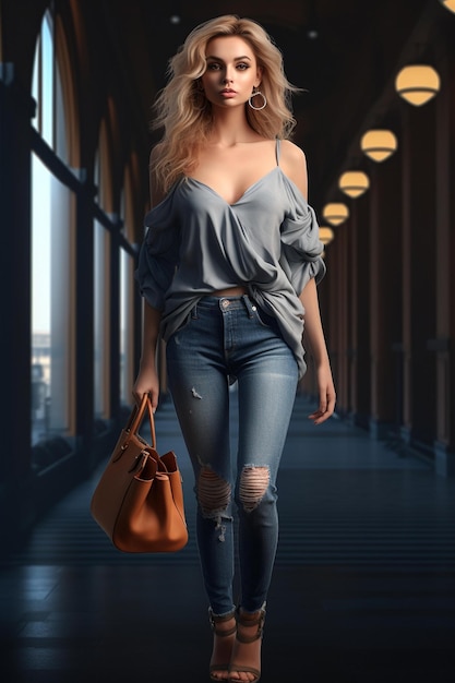 Arafed Woman Walking Down A Hallway With A Purse And Handbag