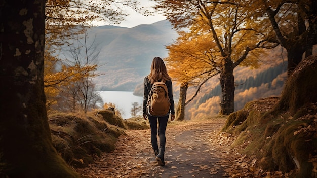 arafed woman walking down a path in the woods with a backpack Generative AI