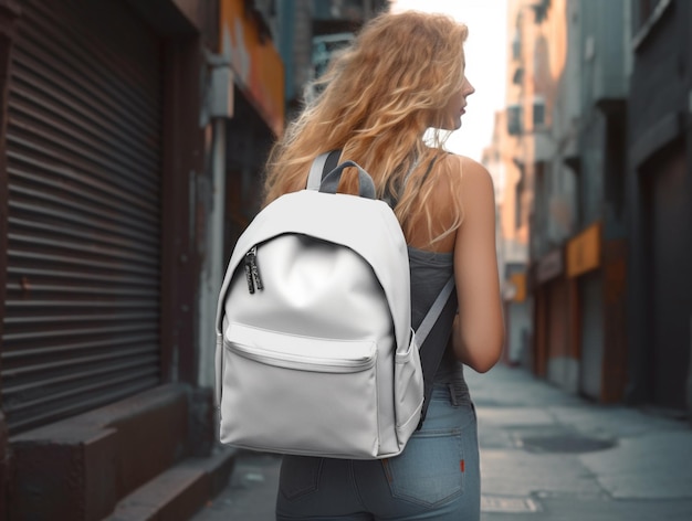 arafed woman walking down a street with a backpack in her hand generative ai