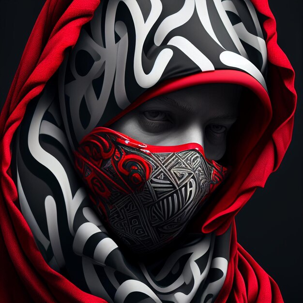 Arafed woman wearing a red and black scarf and a red hood generative ai